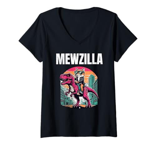 Damen Mewzilla Katze Dinosaurier T-Shirt mit V-Ausschnitt von Cats & Dinos