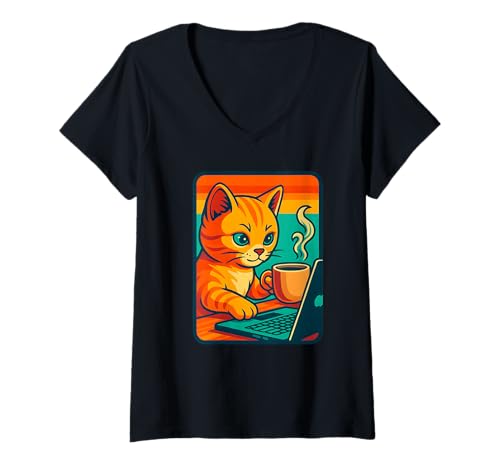 Damen Entspanne Deine Katze am Laptop mit Kaffee, gemütliche Arbeitsstimmung T-Shirt mit V-Ausschnitt von CattitudeMerch