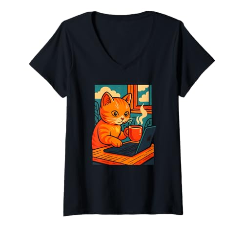 Damen Entspanne Deine Katze am Laptop mit Kaffee, gemütliche Arbeitsstimmung T-Shirt mit V-Ausschnitt von CattitudeMerch