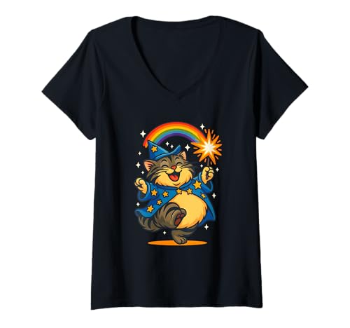 Damen Magischer Katzenzauberer mit Regenbogen und Zauberstab T-Shirt mit V-Ausschnitt von CattitudeMerch