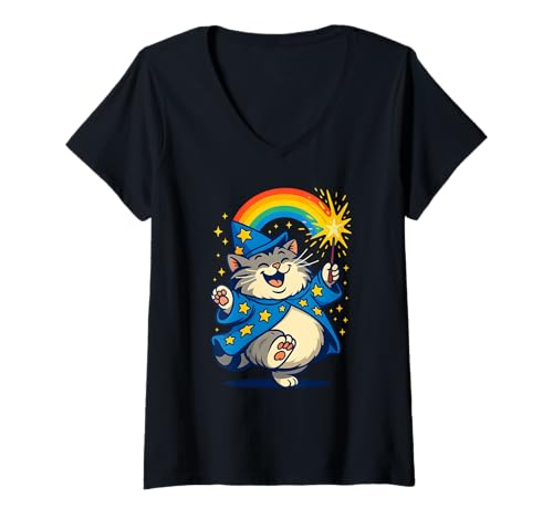 Damen Magischer Katzenzauberer mit Regenbogen und Zauberstab T-Shirt mit V-Ausschnitt von CattitudeMerch