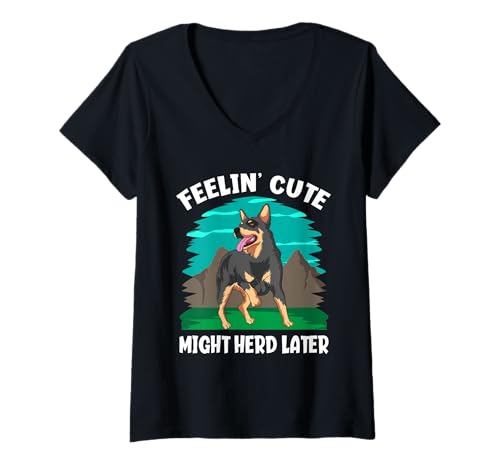 Damen Feelin' Cute könnte später Herde Sein Lustiger australischer Treibhund T-Shirt mit V-Ausschnitt Damen Feelin' Cute könnte später Herde Sein Lustiger australischer Treibhund T-Shirt mit V-Ausschnitt von Cattle Dog Gifts for Blue Heeler Lovers
