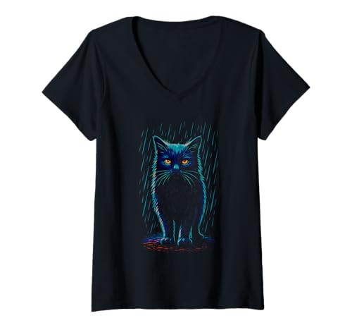 Damen Wilde Schwarze Katze im Regen, Liebeskatzen T-Shirt mit V-Ausschnitt Damen Wilde Schwarze Katze im Regen, Liebeskatzen T-Shirt mit V-Ausschnitt von CatttudeMerch