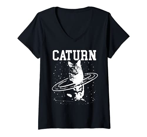 Damen Caturn Saturn Raum-Katze T-Shirt mit V-Ausschnitt von Caturn Space Cat Tees