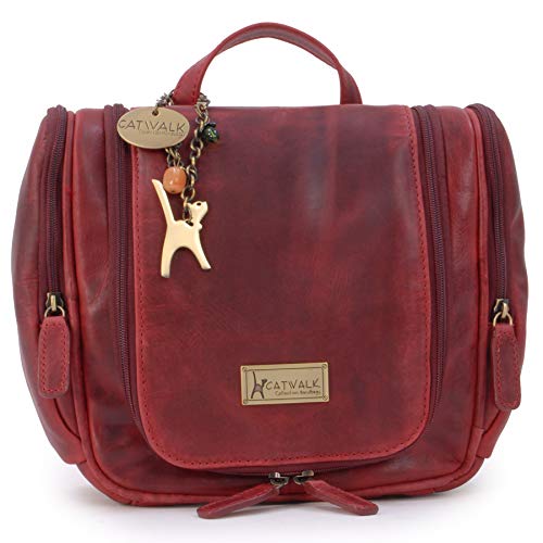 Catwalk Collection Handbags - Damen Antik-Leder Kulturtasche Groß - Kulturbeutel zum Aufhängen - Kosmetiktasche mit Viele Fächer - Maisie - Rot von Catwalk Collection Handbags