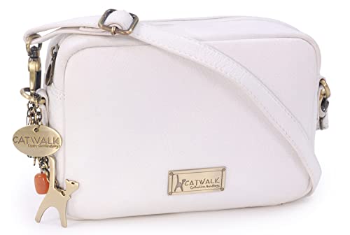 Catwalk Collection Handbags - Damen Leder Umhängetasche Klein - Crossbody Bag/Moderne Handtasche - Verstellbarer Schultergurt - Polly - Weiß von Catwalk Collection Handbags
