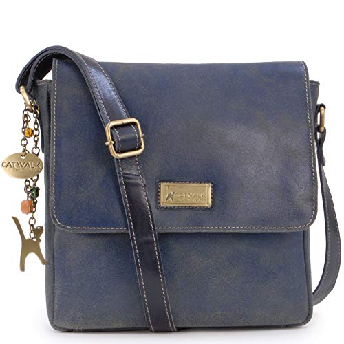 Catwalk Collection Handbags - Damen Antik-Leder Umhängetasche - Messenger Bag Mittelgroß - Arbeitstasche für Notizbuch A5 - SABINE - Blau von Catwalk Collection Handbags