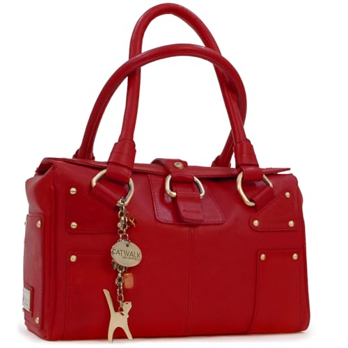 Catwalk Collection Handbags - Damen Leder Henkeltasche - Handtasche Mittelgroß mit Viele Fächer - Claudia - Rot von Catwalk Collection Handbags