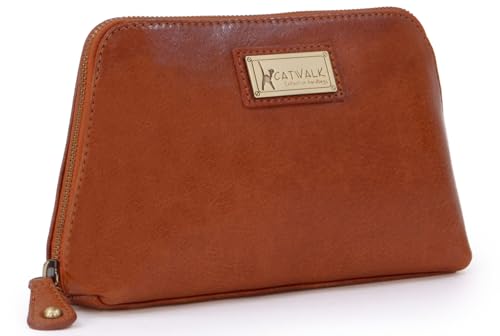 Catwalk Collection Handbags - Damen Leder Make - Up Tasche - Schminktasche Mittelgroß - Kosmetiktasche für Handtasche - Emma - Hellbraun von Catwalk Collection Handbags