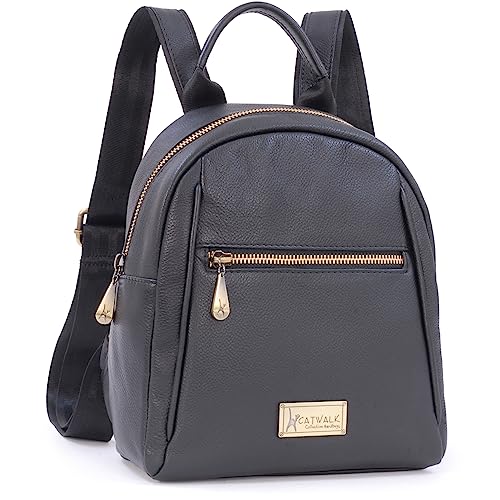 Catwalk Collection Handbags - Damen Leder Rucksackhandtasche - Rucksack Klein - Backpack mit Verstellbare Schultergurte - Zoey - Schwarz von Catwalk Collection Handbags