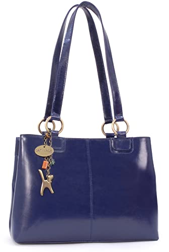 Catwalk Collection Handbags - Damen Leder Schultertasche - Handtasche Mittelgroß - Tote Bag - Arbeitstasche - BELLSTONE - Blau von Catwalk Collection Handbags