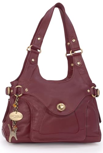 Catwalk Collection Handbags - Damen Leder Schultertasche - Handtasche Mittelgroß mit Viele Fächer - Roxanna - Rot von Catwalk Collection Handbags