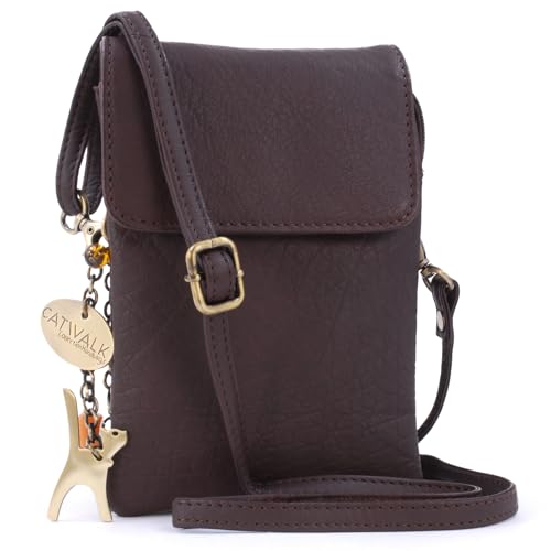 Catwalk Collection Handbags - Damen Leder Umhängetasche - Crossbody Bag Handytasche Klein - Verstellbarer Abnehmbarer Gurt - Billie - Braun von Catwalk Collection Handbags