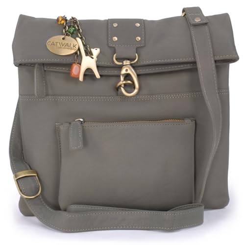 Catwalk Collection Handbags - Damen Leder Umhängetasche - Crossbody Bag Klein - Messenger Bag mit Verstellbarer Schultergurt - Dispatch - Grau von Catwalk Collection Handbags