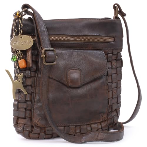 Catwalk Collection Handbags - Damen Gewebte Leder Umhängetasche - Handtasche Klein - Verstellbarer Schultergurt - Simona - Braun von Catwalk Collection Handbags