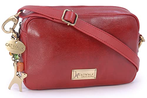 Catwalk Collection Handbags - Damen Leder Umhängetasche Klein - Crossbody Bag/Moderne Handtasche - Verstellbarer Schultergurt - POLLY - Rot von Catwalk Collection Handbags