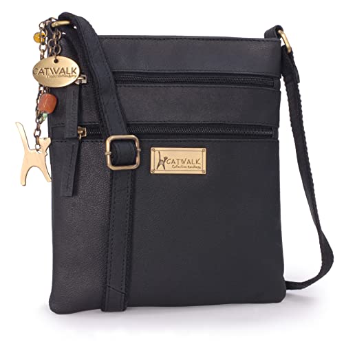 Catwalk Collection Handbags - Damen Pull - Up Leder Umhängetasche - Crossbody Bag Klein - Handtasche mit Verstellbarer Schultergurt - Nadine - Schwarz von Catwalk Collection Handbags