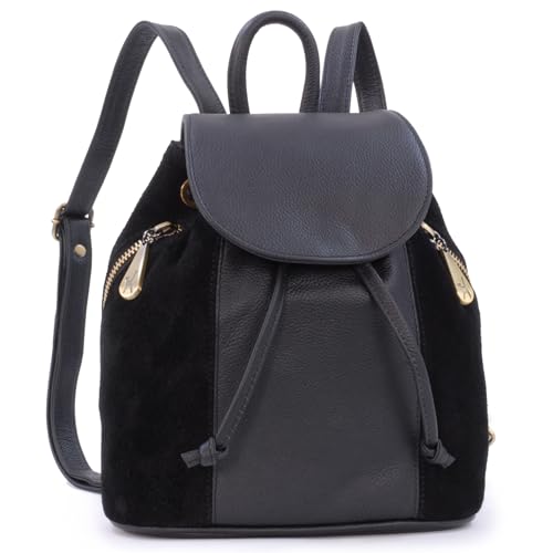 Catwalk Collection Handbags - Damen Rucksackhandtasche Klein - Rucksack Elegant - Leder und Wildleder - Mit Verstellbare Gurte - Pixie - Schwarz von Catwalk Collection Handbags