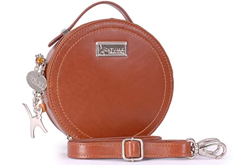 Catwalk Collection Handbags - Damen Runde Leder Umhängetasche - Henkeltasche/Handtasche Klein - Abnehmbarer Schultergurt - Tiffany - Hellbruan von Catwalk Collection Handbags