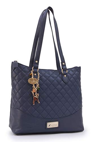Catwalk Collection Handbags - Damen Schultertasche Mittelgroß/Groß - Handtasche Tote Bag - Gesteppte Leder - Sofia - Blau Gold von Catwalk Collection Handbags