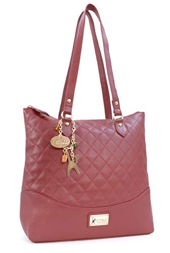 Catwalk Collection Handbags - Damen Schultertasche Mittelgroß/Groß - Handtasche Tote Bag - Gesteppte Leder - Sofia - Rot Gold von Catwalk Collection Handbags