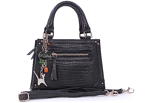 Catwalk Collection Handbags - Damen Umhängetasche Klein - Henkeltasche/Abendtasche - Krokoprägung Leder - Abnehmbarer Schultergurt - RAVEN - Schwarz von Catwalk Collection Handbags