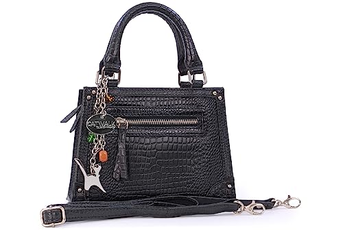Catwalk Collection Handbags - Damen Umhängetasche Klein - Henkeltasche/Abendtasche - Krokoprägung Leder - Abnehmbarer Schultergurt - Raven - Schwarz von Catwalk Collection Handbags