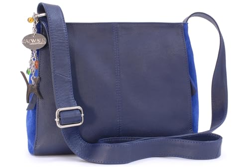 Catwalk Collection Handbags - Damen Umhängetasche Mittelgroß - Crossbody Bag - Leder und Wildleder - Verstellbarer Schultergurt - CHARLOTTE - Blau von Catwalk Collection Handbags