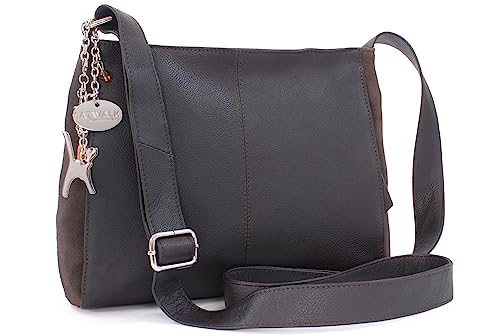 Catwalk Collection Handbags - Damen Umhängetasche Mittelgroß - Crossbody Bag - Leder und Wildleder - Verstellbarer Schultergurt - CHARLOTTE - Braun von Catwalk Collection Handbags