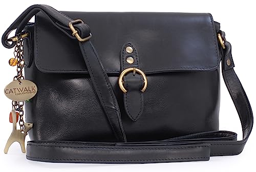 Catwalk Collection Handbags - Damen Leder Umhängetasche - Crossbody Bag/Handtasche Klein - Verstellbarer Schultergurt - FREYA - Schwarz von Catwalk Collection Handbags