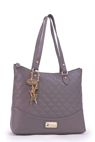 Catwalk Collection Handbags - Damen Schultertasche Mittelgroß/Groß - Handtasche Tote Bag - Gesteppte Leder - SOFIA - Grau Gold von Catwalk Collection Handbags