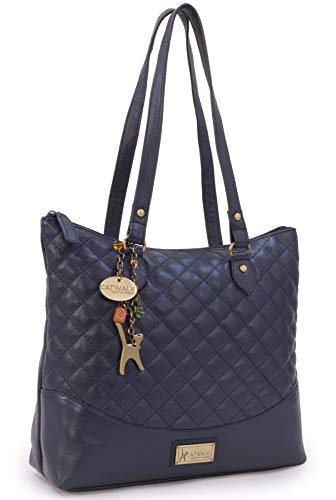 Catwalk Collection Handbags - Damen Schultertasche Mittelgroß/Groß - Handtasche Tote Bag - Gesteppte Leder - SOFIA - Marine Blau von Catwalk Collection Handbags