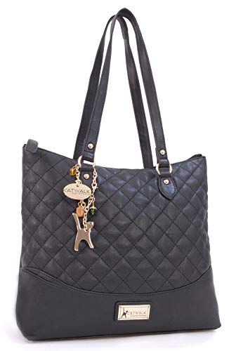 Catwalk Collection Handbags - Damen Schultertasche Mittelgroß/Groß - Handtasche Tote Bag - Gesteppte Leder - Sofia - Schwarz Gold von Catwalk Collection Handbags