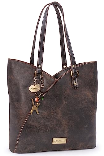 Catwalk Collection Handbags - Große Schultertasche für Damen - Tulpenförmig Tote Bag - Antikleder Leder - für Notizbuch A4 - ABIGAIL - Braun von Catwalk Collection Handbags