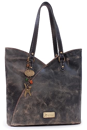 Catwalk Collection Handbags - Große Schultertasche für Damen - Tulpenförmig Tote Bag - Antikleder Leder - für Notizbuch A4 - Abigail - Schwarz von Catwalk Collection Handbags