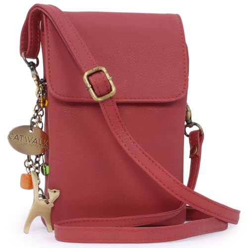 Catwalk Collection Handbags - Damen Leder Umhängetasche - Crossbody Bag Handytasche Klein - Verstellbarer Abnehmbarer Gurt - Billie - Rot von Catwalk Collection Handbags