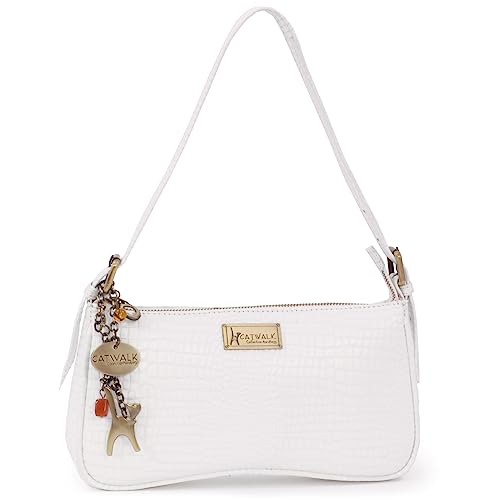 Catwalk Collection Handbags - Klein Damen Schultertasche - Henkeltasche - Leder mit Krokodilprägung - Abendtasche - Celine - Weiß von Catwalk Collection Handbags