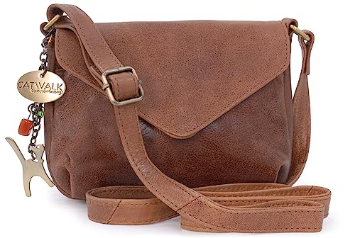 Catwalk Collection Handbags - Damen Leder Umhängetasche - Crossbody Bag/Handtasche Klein - Verstellbarer Schultergurt - ERIN - Braun von Catwalk Collection Handbags