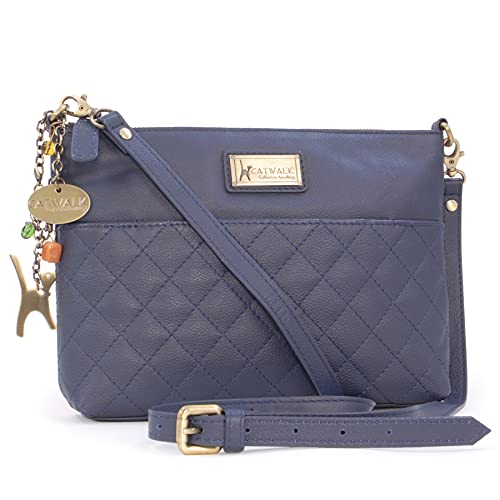 Catwalk Collection Handbags - Damen Umhängetasche Klein - Crossbody Bag - Gesteppte Leder - Clutch mit Abnehmbarer Schultergurt - JOSIE - Blau von Catwalk Collection Handbags