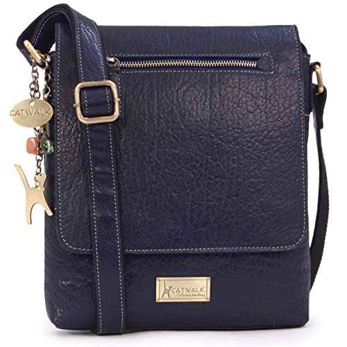 Catwalk Collection Handbags - Leder Umhängetasche Damen - Crossbody Bag/Messenger Bag Mittelgroß - Verstellbarer Schultergurt - ANJA - Blau von Catwalk Collection Handbags