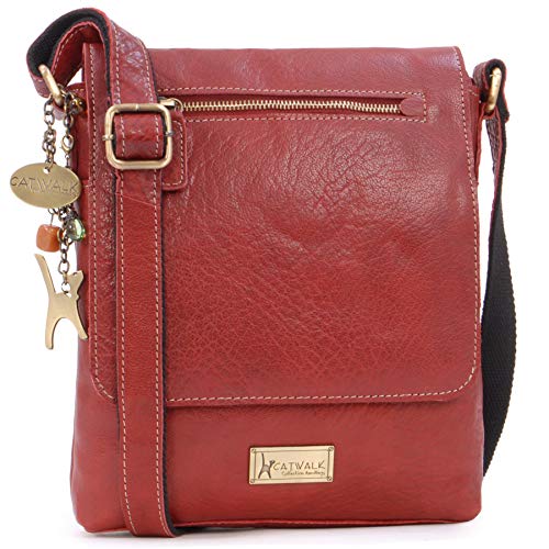 Catwalk Collection Handbags - Leder Umhängetasche Damen - Crossbody Bag/Messenger Bag Mittelgroß - Verstellbarer Schultergurt - ANJA - Rot von Catwalk Collection Handbags