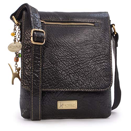 Catwalk Collection Handbags - Leder Umhängetasche Damen - Crossbody Bag/Messenger Bag Mittelgroß - Verstellbarer Schultergurt - Anja - Schwarz von Catwalk Collection Handbags