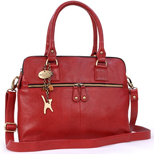 Catwalk Collection Handbags - Damen Leder Schultertasche - Umhängetasche Groß - Tote Bag - Handtasche - Abnehmbarer Schultergurt - Victoria - Rot von Catwalk Collection Handbags
