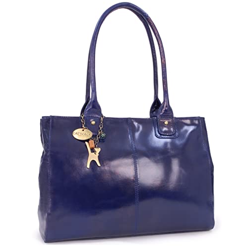 Catwalk Collection Handbags - Damen Leder Schultertasche - Handtasche Tote Bag Groß - Arbeitstasche für Notizbuch A4 - KENSINGTON - Schwarz - Blau von Catwalk Collection Handbags