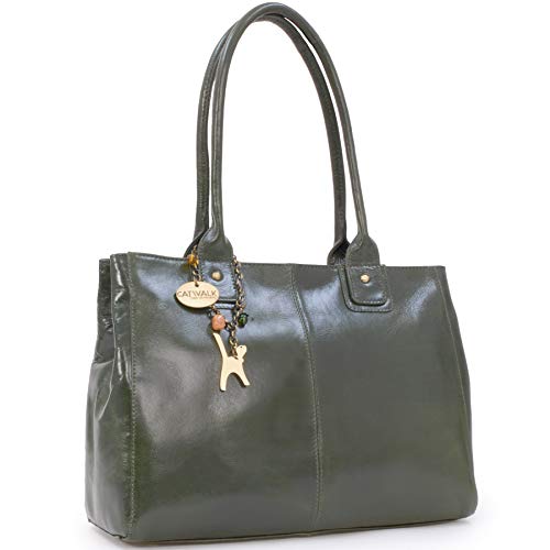 Catwalk Collection Handbags - Damen Leder Schultertasche - Handtasche Tote Bag Groß - Arbeitstasche für Notizbuch A4 - KENSINGTON - Schwarz - Grün von Catwalk Collection Handbags
