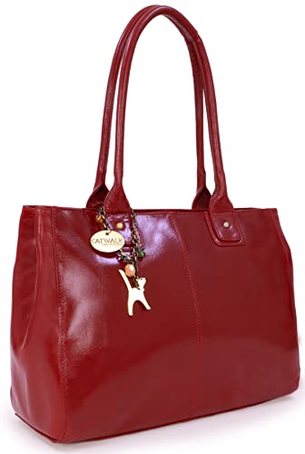 Catwalk Collection Handbags - Damen Leder Schultertasche - Handtasche Tote Bag Groß - Arbeitstasche für Notizbuch A4 - KENSINGTON - Schwarz - Rot von Catwalk Collection Handbags