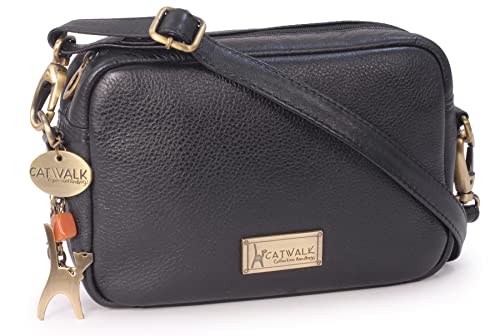 Catwalk Collection Handbags - Damen Leder Umhängetasche Klein - Crossbody Bag/Moderne Handtasche - Verstellbarer Schultergurt - Polly - Schwarz von Catwalk Collection Handbags