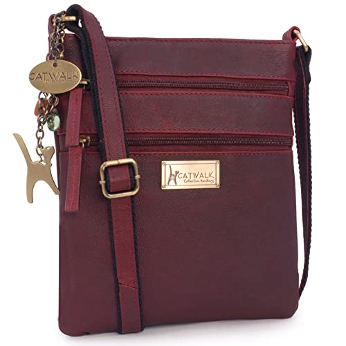 Catwalk Collection Handbags - Damen Pull-Up Leder Umhängetasche - Crossbody Bag Klein - Handtasche mit Verstellbarer Schultergurt - NADINE - Rot von Catwalk Collection Handbags