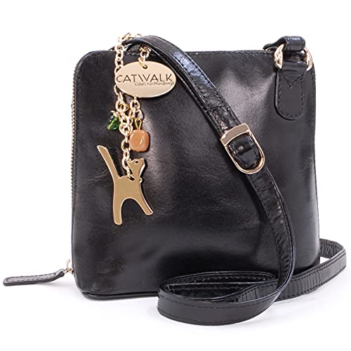 Catwalk Collection Handbags - Damen Leder Umhängetasche - Crossbody Bag/Handtasche Klein - Verstellbarer Schultergurt - LENA - Schwarz Gold von Catwalk Collection Handbags