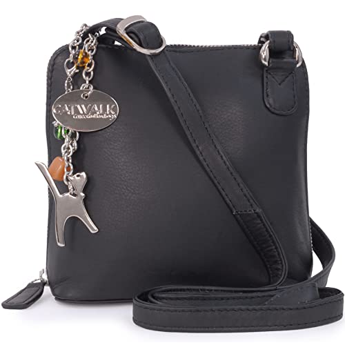 Catwalk Collection Handbags - Damen Leder Umhängetasche - Crossbody Bag/Handtasche Klein - Verstellbarer Schultergurt - LENA - Schwarz von Catwalk Collection Handbags